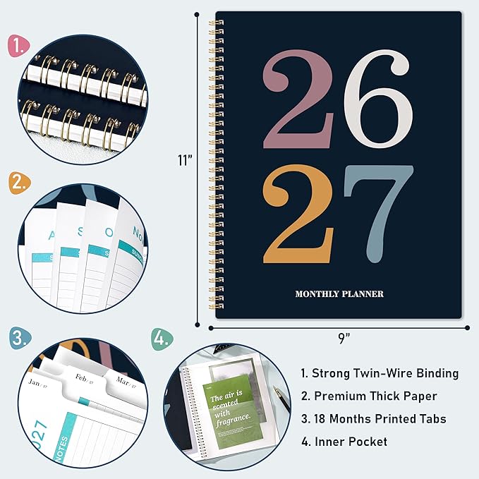 2026-2027 Monthly Planner - 2026-2027 Planner from July 2026 - Deccember 2027, Monthly Planners 8.5''x11'', 18 Months with Tabs, Large Daily Blocks, Double Inner Pocket