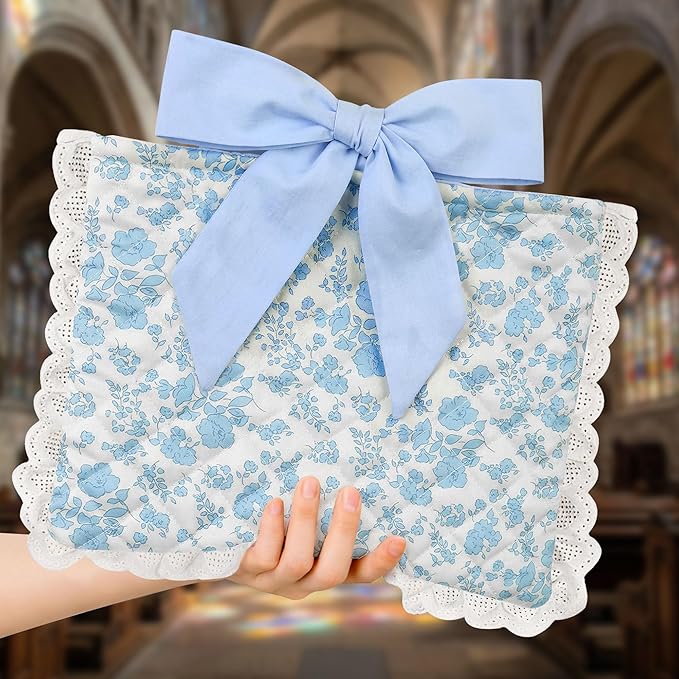 Vintage Blue Floral Quilted Bible Cover for Women – Fits Standard Size Bible Book Padded Protector Washable Cotton Bag with Elegant Lace Trim & Bow Handle – Includes Interior Zipper Pocket