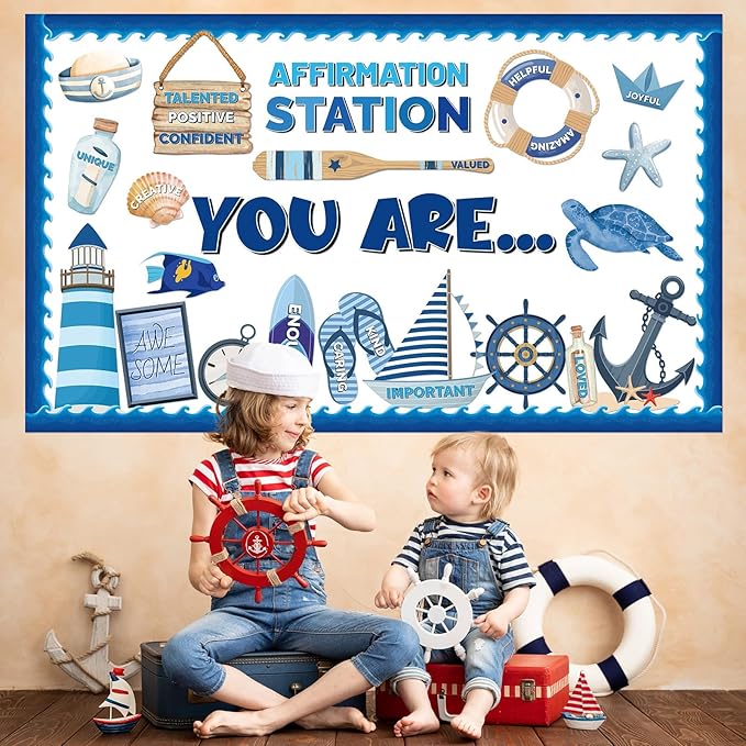 Nautical Themed Affirmation Station Bulletin Board Set Ocean Motivational Classroom Decorations Positive Sailor Paper Cutouts Under The Sea Bulletin Board Borders for School Office Wall Door Decor