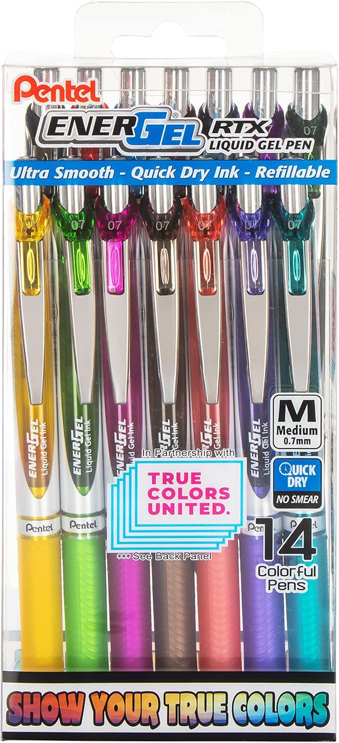 Pentel EnerGel RTX True Colors United 0.7mm, Medium Line, 14 Assorted Ink Colors, Pack of 14 pens BL77PC14MTCU