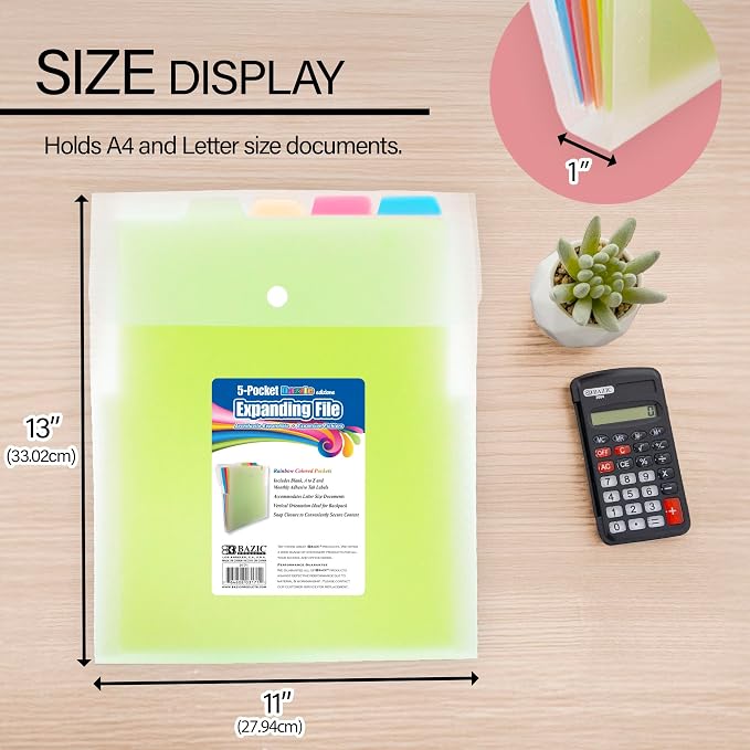 BAZIC Products 5-Pocket Vertical Expanding File, Letter Size, Accordion Poly Body, for School Office Documents