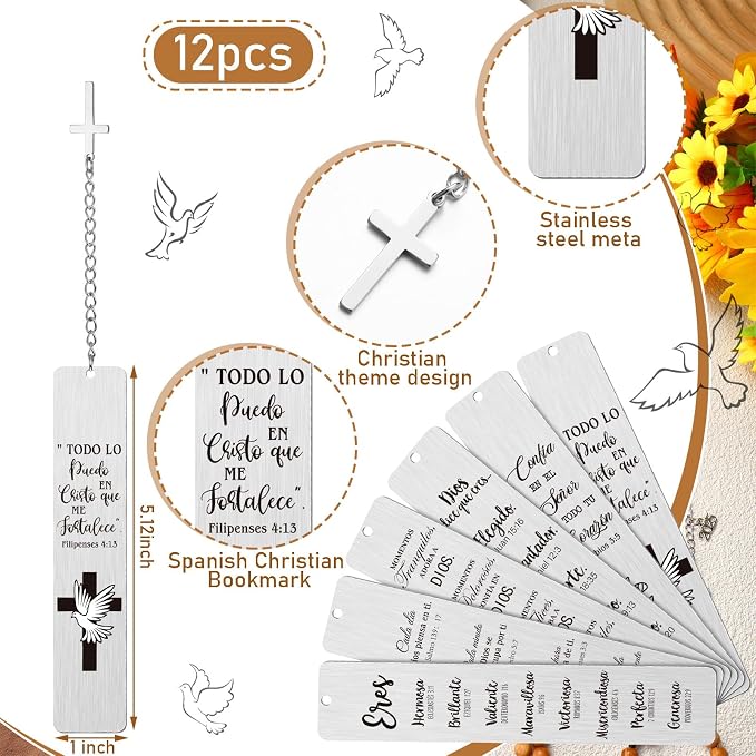 Mooliwe 12 Pcs Regalos Cristianos Spanish Christian Bookmarks Christmas Spanish Christian Gifts Bulk for Women Bible Verse Metal Religious Scripture Cross Inspirational Bookmarks with Church