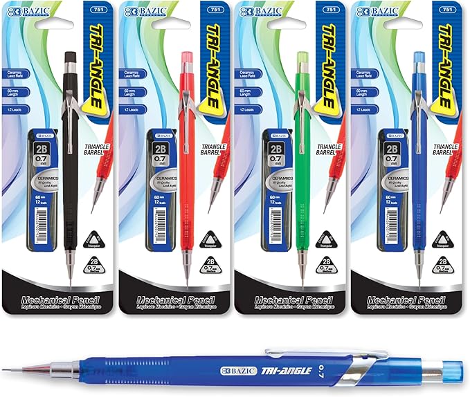 BAZIC PRODUCTS Tri-Angle 0.7mm Mechanical Pencil Soft Grip, Refill 2B Ceramic Pencils Lead, Latex Free Eraser, for Drafting Drawing Sketching, 4-Packs