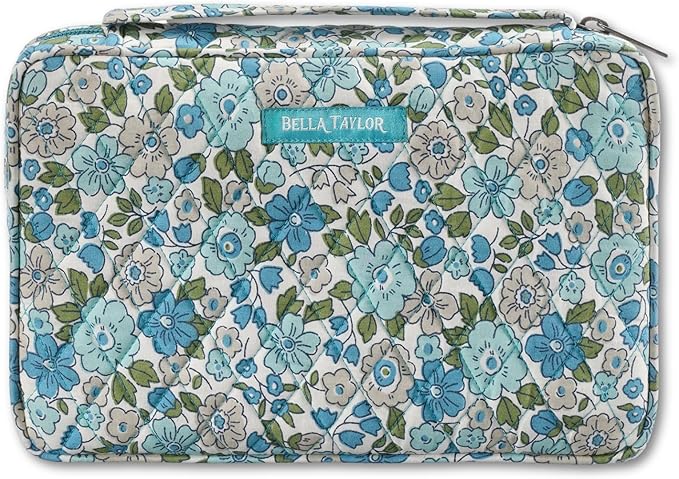 Bella Taylor Small Bible Cover for Women - Quilted Cotton Bible Case for 6 x 9 inch Books - Delicate Floral Blue