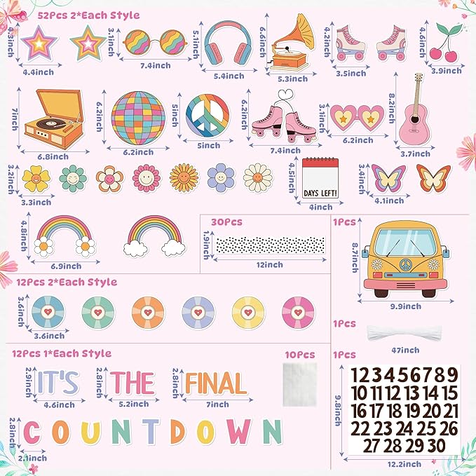 119Pcs Back to School Countdown Calendar Bulletin Board Set, Retro Groovy Happy Face Cutouts Classroom Decor Border Trims Welcome Back to School Chalkboard Supplies Wall Door Decor