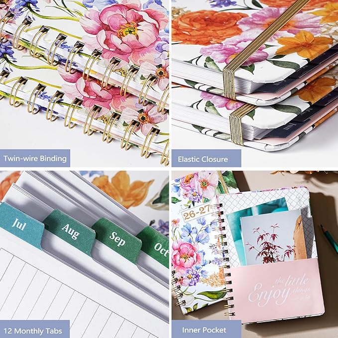 Planner 2026-2027 - Academic Planner 2026-2027, July 2026 - June 2027 Planner Weekly and Monthly Academic Year Planner Calendar, 8.4" x 6.3"，Colorful Tabs, Elastic Closure, Back Pocket, Floral