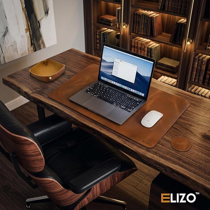 Elizo Real Leather Desk Mat Set (24X12) Large Desk Cover Desk Blotter Protector Computer Gaming Mouse Pad Table Laptop Office Desktop Accessories Antique