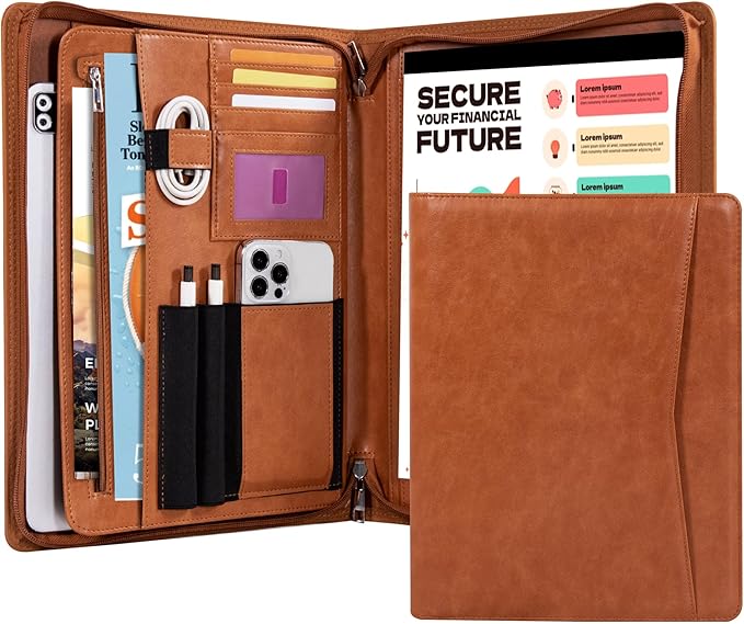 Calfinder Leather Padfolio with Zipper,Portfolio Binder, Padfolio for Women and Men,Business Portfolio for Ipad,Resume,Notebook, Professional Portfolio Organizer, Graduation Gifts
