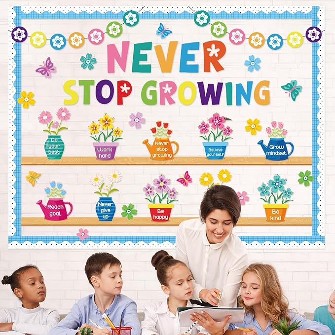 71PCS Never Stop Growing Bulletin Board Spring Bulletin Board Decorations Set Positive Flower Butterfly Paper Cutouts for Teacher Back to School Classroom Chalkboard Wall Decor Supplies