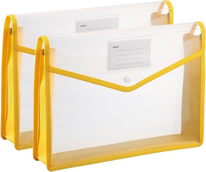 PATIKIL Plastic Expanding File Folders, 2 Pack A4 File Folder Envelopes Letter Size Document Organizer Supplies with Snap Closure for Classroom Office, Yellow, Horizontal