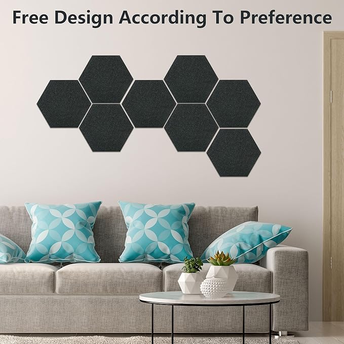 Vienrose Hexagon Felt Bulletin Board Self Adhesive Pin Board Wall Decoration Tiles with 35 Push Pins for Office Home and School, Black 8 Pack