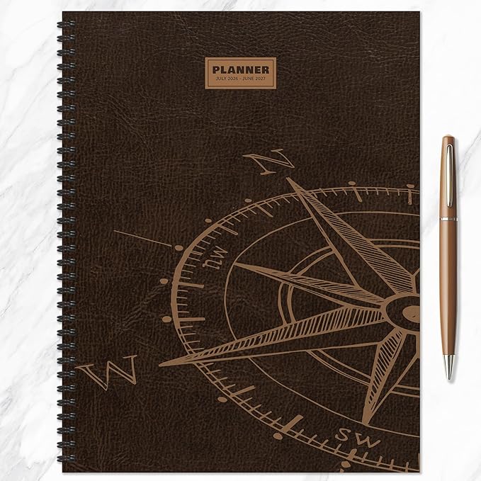 TF Publishing July 2026 - June 2027 Leather Compass Large Weekly Monthly Planner - 12 Month Academic Planner 2026-2027 with Durable Cover, Thick Uncoated Paper, and Planning Stickers - 9in x 11in