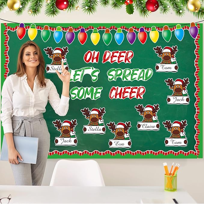 Fuutreo 68 Pcs Winter Elk Bulletin Board Set Winter Reindeer Classroom Decoration Winter Holiday Light Bulb Paper Cutouts Winter Elk Name Tags with Boarders for Wall Party School Decor Supplies