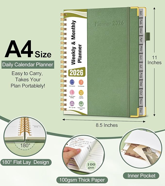 2026 Planner, Hardcover Leather Weekly and Monthly Planner, January 2026 - December 2026, Spiral Yearly Agenda Organizer Book 2026 with Tabs, Daily Calendar Planners for School Work Home, A4 (8.5" x 11"), Green