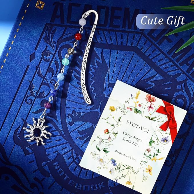 Vintage Sunshing Pendant Metal Hook Bookmark with Natural Crystal Stones and Glass Bead Chain–Elegant Bookmarks for Women,Men,Book Lovers,Girls and Teachers(Chakela)