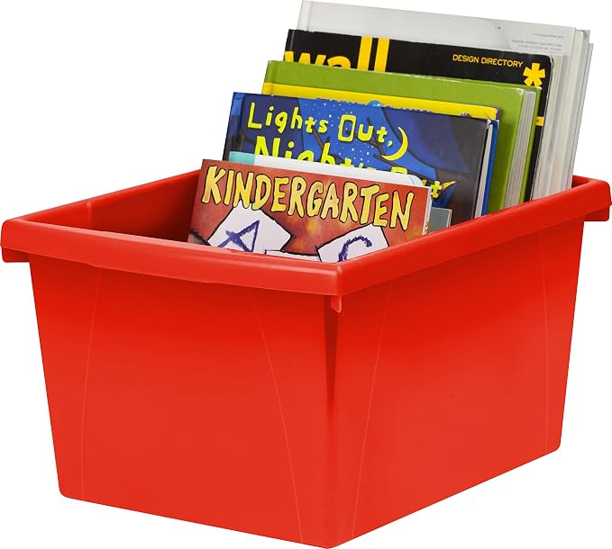 Storex 4 Gallon Storage Bin – Plastic Classroom Organizer for Books and Supplies, Red, 6-Pack (61452C06C)
