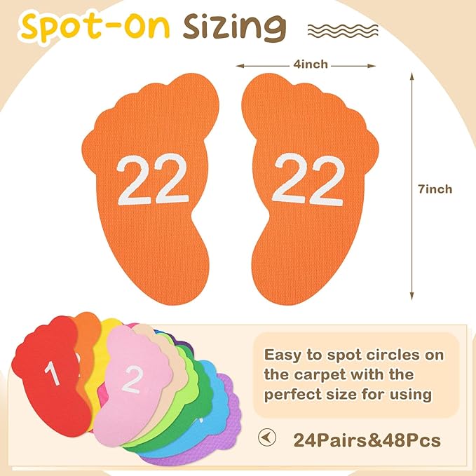 Outus 48 Pcs Carpet Feet Spots, Line up Sit Foot Spots for Classroom Floor, Carpet Markers for Teacher Supplies Classroom Rug, School Decoration(Rainbow Color)