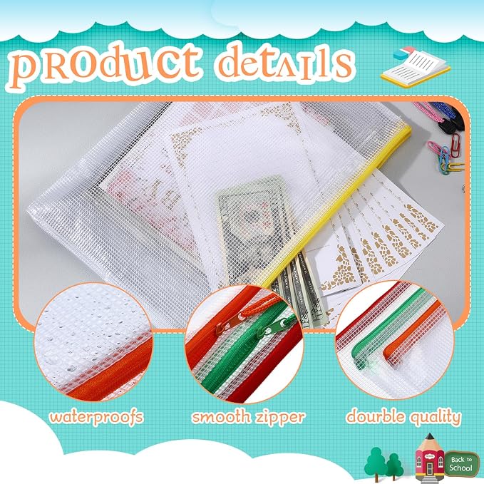 Zhehao 250 Pcs Mesh Zipper Pouch Bags Bulk A4 13.19 x 9.45 Inch Zipper Pouch Waterproof Clear Pencil File Storage Bags Organizer for Teacher School Organization Supplies(Colorful)