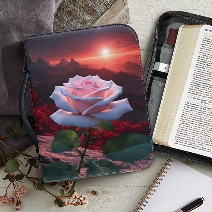 PU Bible Cover for Women Girls- Bible Case with Leather Bookmark (Set of 1) - Bible Study Supplies for Home, Office,Pink Rose and Sunset,Medium