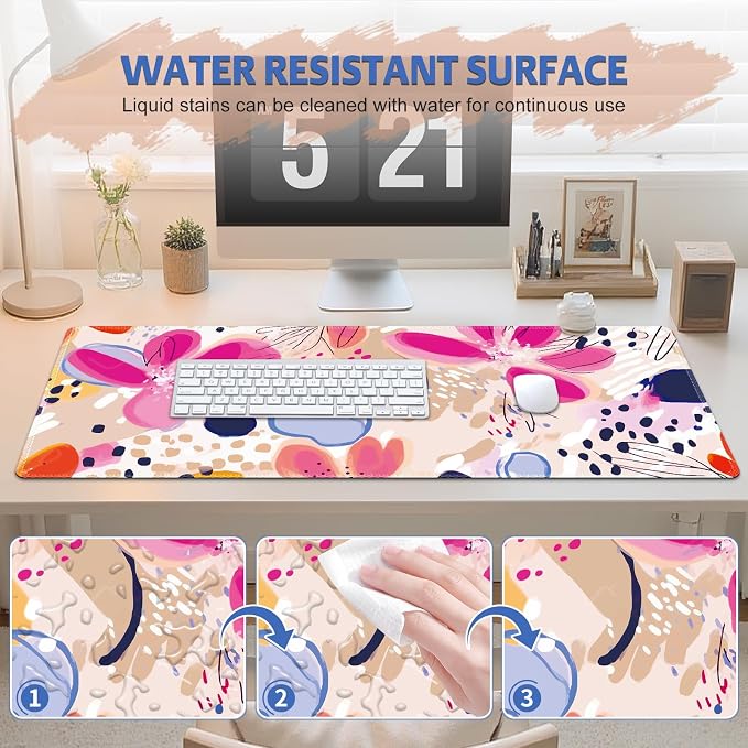 Desk Pad Mouse Pad, Large Gaming Mouse Mat with Stitched Edges, Non-Slip Waterproof Rubber Base Mous Mat for Office Computer Keyboard Laptop Home Decor Women (35.4X17.5 in), Apricot Magenta Flower
