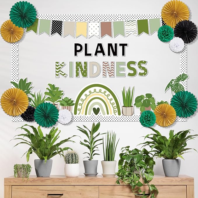 Summer Greenery Bulletin Board Decorations with 3D Tissue Paper Flower Paper Fan Positive Plant Kindness Classroom Bulletin Board Border Greenery Rainbow Cutouts for School Home Chalkboard Supplies