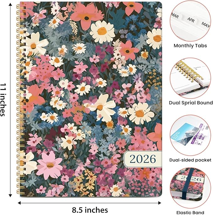 2026 Planner, Weekly and Monthly Calendar Planner Book, January 2026 - December 2026, Hardcover Spiral Planner with Monthly Tabs, Notes Pages, Perfect for Women & Men, A4 (8.5" x 11") - Flower