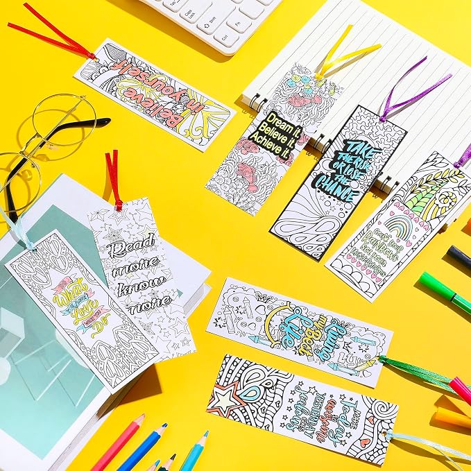 Gersoniel 180 Pieces Color Your Own Bookmark Inspirational Bookmarks for Students DIY Coloring Double-Sided Motivational Page Clip Personalized Inspirational for Kids Students Reading Activity Gift