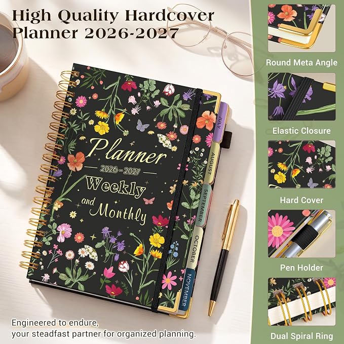 Academic Planner 2026-2027, 18 Months Weekly and Monthly Calendar Planner from July 2026 - December 2027, 7.3" x 10" B5 Large Hardcover Agenda Organizer Book with Tabs, Yearly Daily Planners for School Work Student Teacher, Black Garden