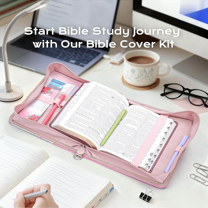 XKDOUS Bible Cover Case Leather Bible Bags with Handle, Tabs, Pens, Study Supplies Organizer Pink Carrying Book Case Large Church Book Holder Christmas Gifts for Women Lady