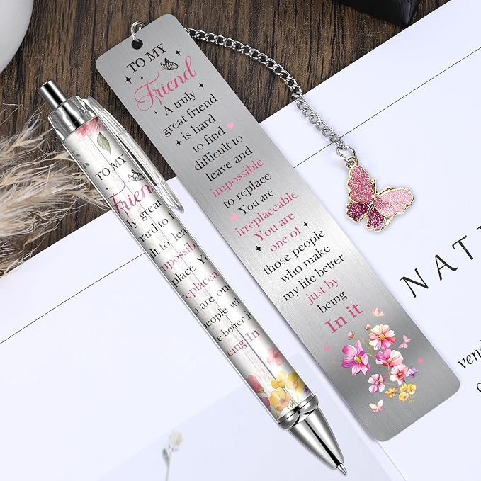 Friends Inspirational Metal Bookmark - 2 Pcs Best Friend Book Marks Friendship Charm Flowers Page Markers with Pen Butterfly Pendant for Reading Lovers Women Birthday Gifts Accessories