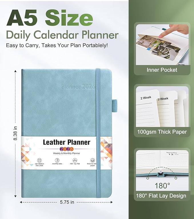 2026 Weekly & Monthly Planner, 12 Months Hardcover Planner from January 2026 - December 2026, Leather Agenda Organizer Book 2026 with Tabs, Daily Calendar Planners for Work School Home, A5 (5.75" x 8.38"), Blue