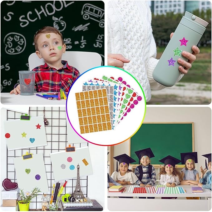 3320 Pcs Large Sparkly Multi Color Geometric Stickers 0.79&1.2in Round Heart Squares Star for Behavior Chart,Crafts Kids Reward DIY Student Classrooms Art Projects Offices