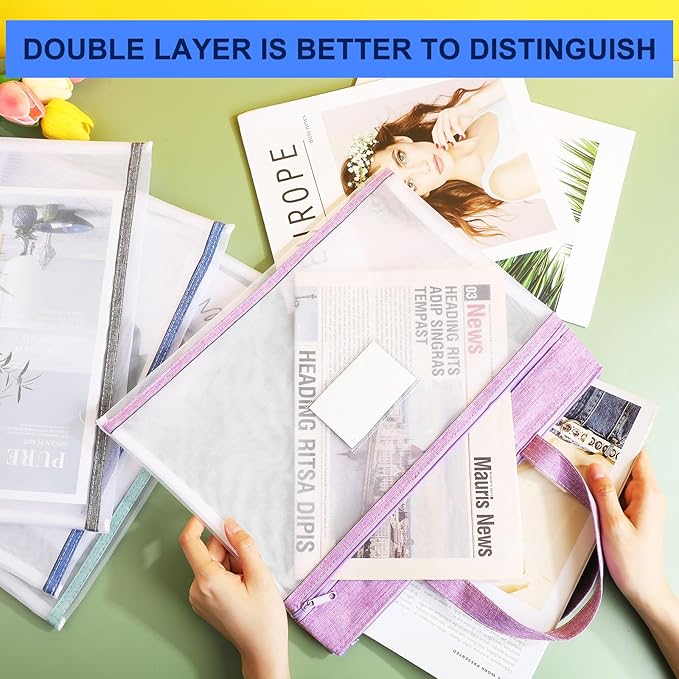 Zhehao 48 Pcs Student Book Pouches with Handle Document Bag Sew Project Bag for Quilting Mesh Zipper Pouch File Artwork Storage Organize for A4 Files, 14 x 11 Inch
