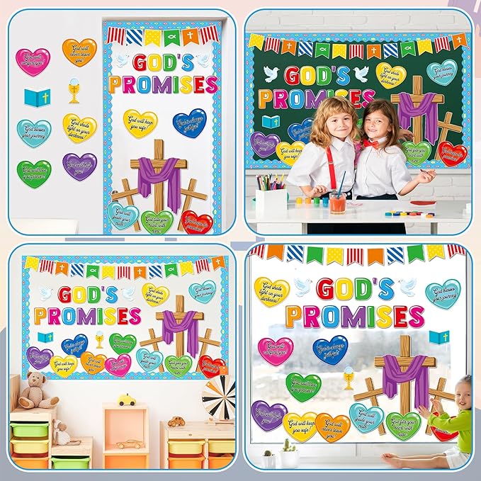 gisgfim Christian Bulletin Board Decorations Set Religious God’s Promises Paper Cutouts Colorful Heart Bible Bulletin Board Decor for Classroom Christmas Sunday School Chalkboard Wall