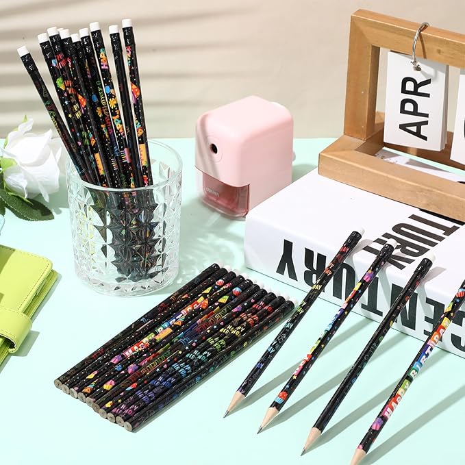 Sabary 24 Pcs Happy Birthday Pencils Colorful Birthday School Student Supplies Unsharpened HB Pencils with Erasers Stationery Bulk for Teacher Classroom Reward Party Supplies (Black)