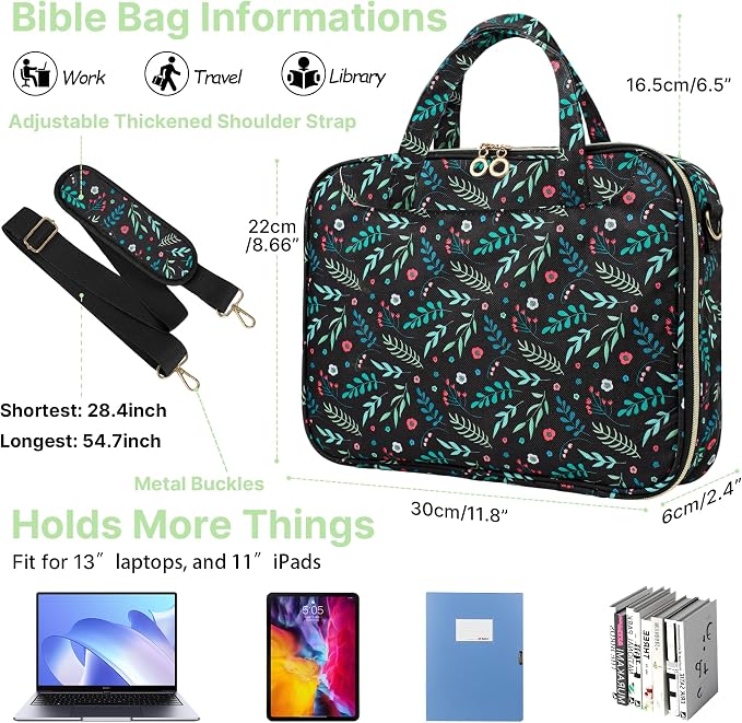 PUGPIU Bible Cover Case for Women, Large Quilted Bible Bag with Shoulder Strap and Handle, Bible Study Supplies Journaling Kit with Highlighters Pens No Bleed Tabs Notebook Cross Clips (Leaf)