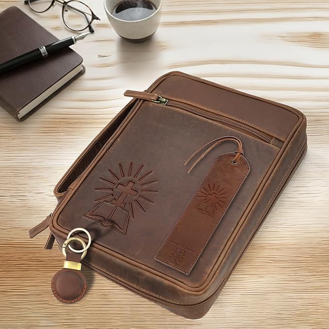 Sovereign-Gear Small Leather Bible Cover - Handmade Buffalo Leather, Cross Embossed, Handle, Zipper, Storage Pockets, Bookmark & AirTag Compatible Holder - Durable Cover for Men & Women