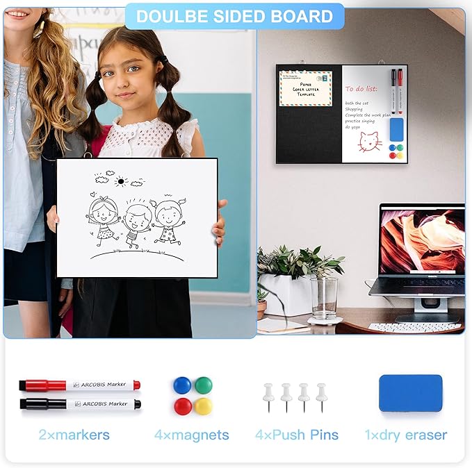 ARCOBIS Dry Erase Linen Board, 12"X16" Small Cork Board White Board Combination, Double-Sided Magnetic Bulletin Board for Wall, Vision Board for Home, Office, School, Black