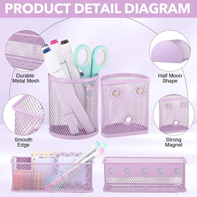 Weysat Set of 5 Magnetic Locker Accessories Mirror with 2 Magnetic Pen Holder and 2 Wire Mesh Storage Basket for Students Back to School Locker Organizer for Office End of School Years Gifts (Purple)