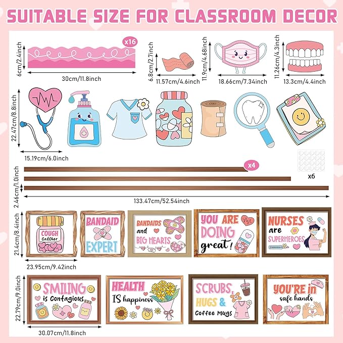 Nurse Bulletin Board Decorations Set Health Inspirational Bookshelf Classroom Decoration Back to School Bulletin Board Positive Nursing Paper Cutout for Nurse Day Hospital Clinic Medical RN Wall Decor