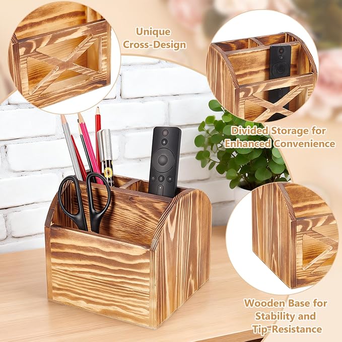 1Pcs Rustic Wood Office Desk Organizer, Vintage Remote Control Holder 6.3x5.94inch Wooden Office Supplies Holder 3 Slot Tabletop Desktop Organizer Box for Living Room(BurlyWood)