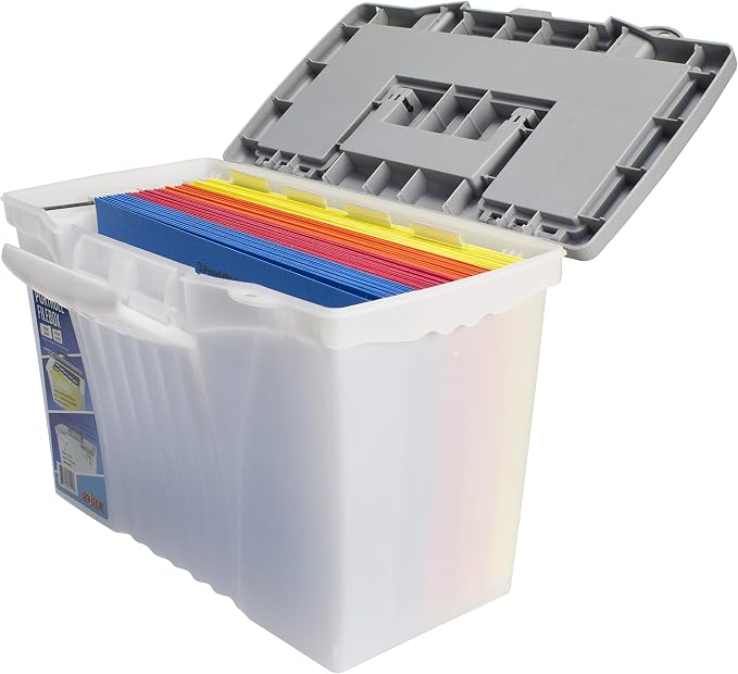 Storex Portable File Box with Organizer Lid, 17.13 x 9.63 x 11 Inches, Frosted/Silver (61511A01C)
