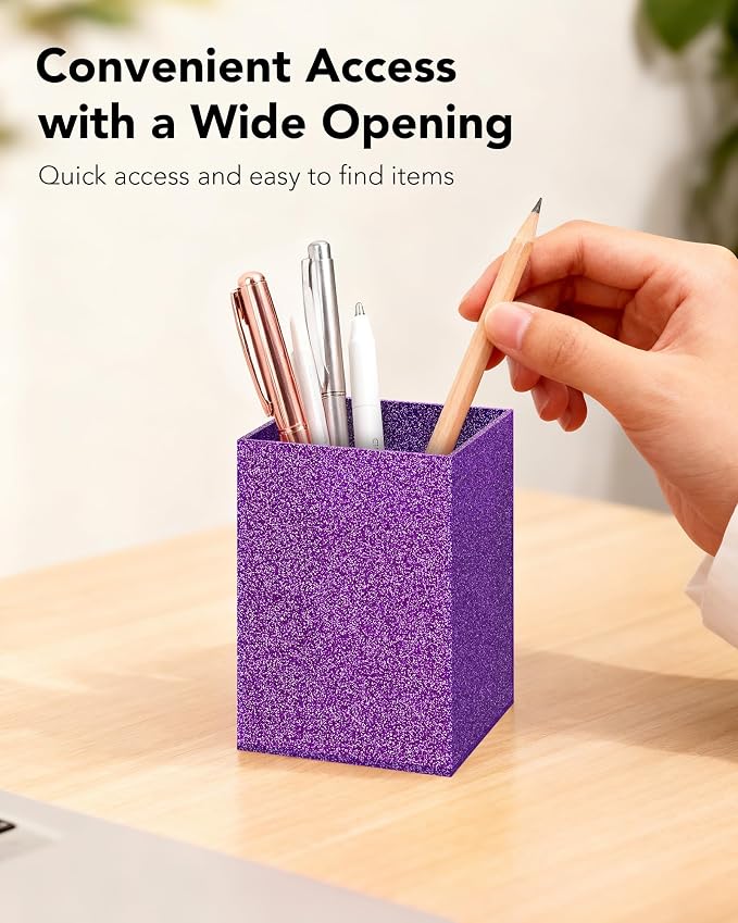 Purple Glitter Acrylic Pen Holder, Acrylic Makeup Brush Storage Organizer, Pencil Pen Holder for Desk, Modern Desktop Accessories for Office School Home Supplies