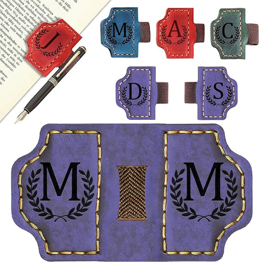 Custom Magnetic Bookmarks with Pen Holder, Personalized 26 Letters Name Initial Leather Bookmark, Leather Book Mark for Men Women Teachers, Readers Book Lovers Gifts (Purple, M)