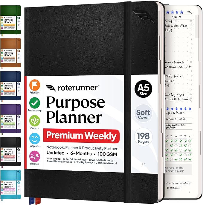 Roterunner Purpose Planner Notebook A5 5.8”x8.3” Undated 2026 Daily Weekly and Monthly Productivity Goal Setting Tool for Work Home ADHD Planner for Adults Self Care Journal (Black Softcover)