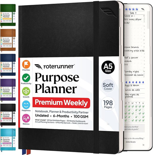 Roterunner Purpose Planner Notebook A5 5.8”x8.3” Undated 2026 Daily Weekly and Monthly Productivity Goal Setting Tool for Work Home ADHD Planner for Adults Self Care Journal (Black Softcover)