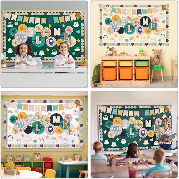 Boho Welcome Bulletin Board Sets 3D Rainbow Welcome Back Classroom Craft Decorations Boho Paper Fans Cutouts Board for Kindergarten Elementary Middle School Back to School Chalkboard Wall Decor