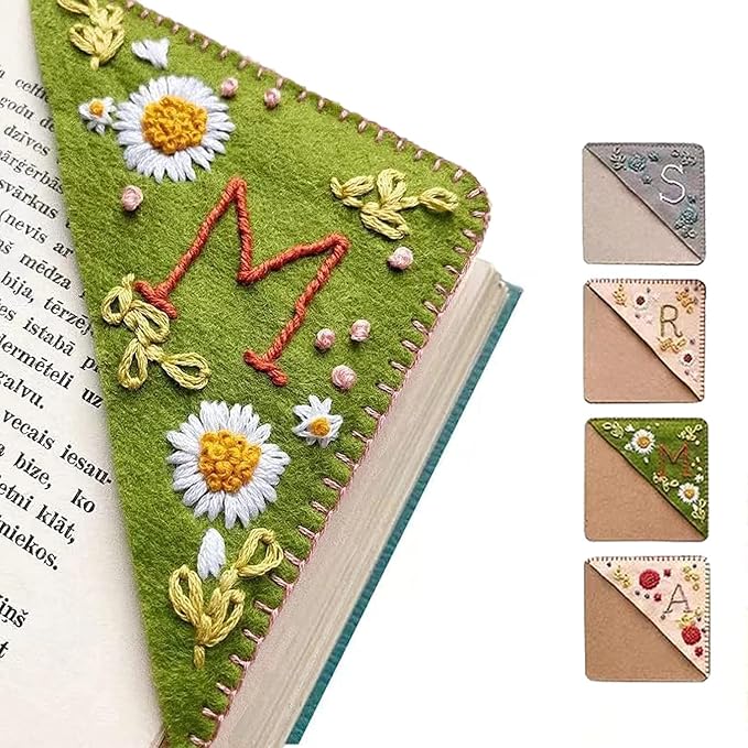 Personalized Hand Embroidered Corner Bookmark, 26 Letters Hand Stitched Felt Corner Letter Bookmark, Cute Flower Embroidery Bookmarks for Book Reading Lovers Meaningful Gift (Summer，R