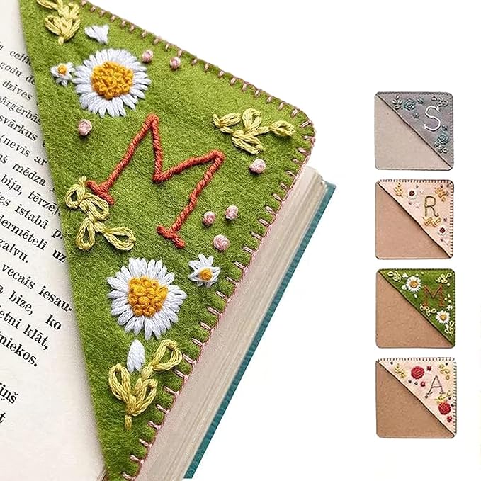 Personalized Hand Embroidered Corner Bookmark, 26 Letters Hand Stitched Felt Corner Letter Bookmark, Cute Flower Embroidery Bookmarks for Book Reading Lovers Meaningful Gift (Summer，S