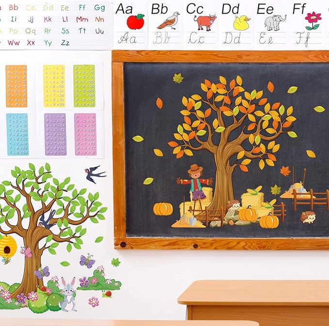 Teling 239 Pcs Season Tree Classroom Bulletin Board Decor Spring Summer Autumn Winter Cutouts Border Set Four Seasons Bulletin Board Decorations with 200 Dots for Elementary School Home Chalkboard